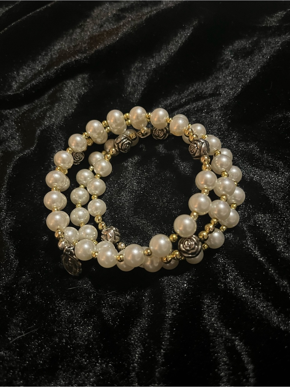 Faux Pearl & silver Rose Rosary with gold tone separation beads coil  Bracelet